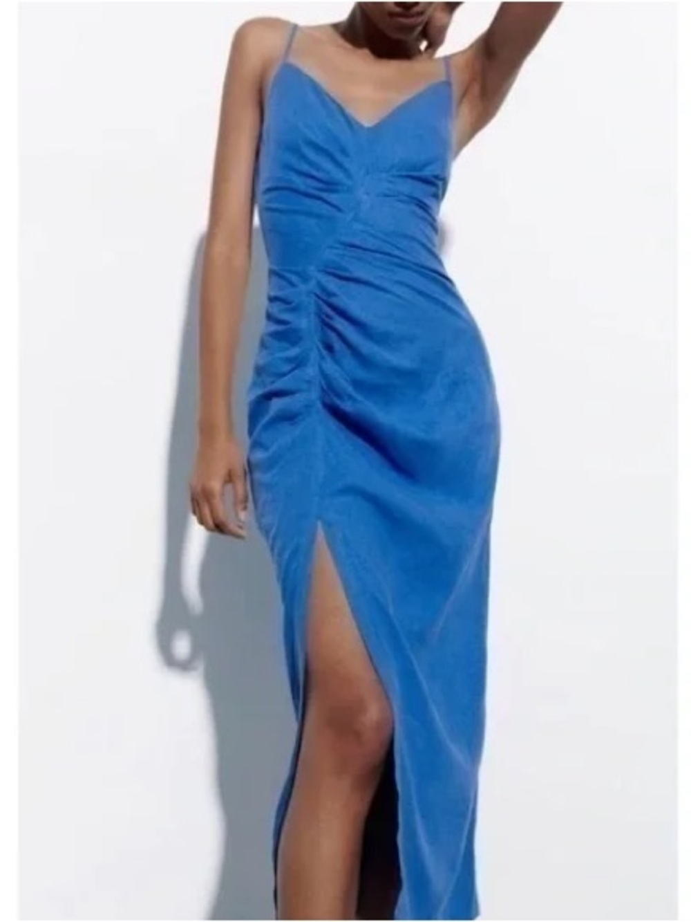 Zara Vibrant Blue Ruched Slip Midi Dress with High Slit